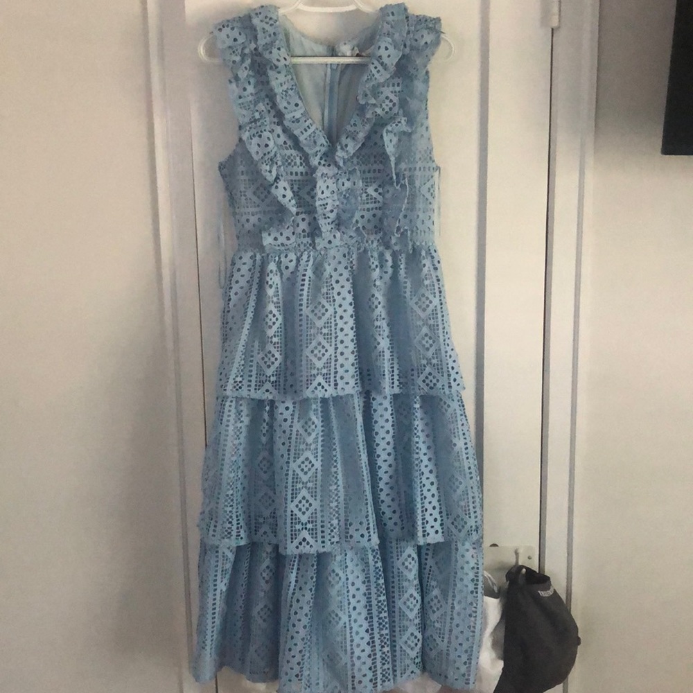 NWT. Light blue, ruffle eyelet dress, size small.